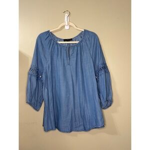 Seven Manor Hippie Lyocell Chambray Peasant Top Blue Crochet Sleeve Blouse XL